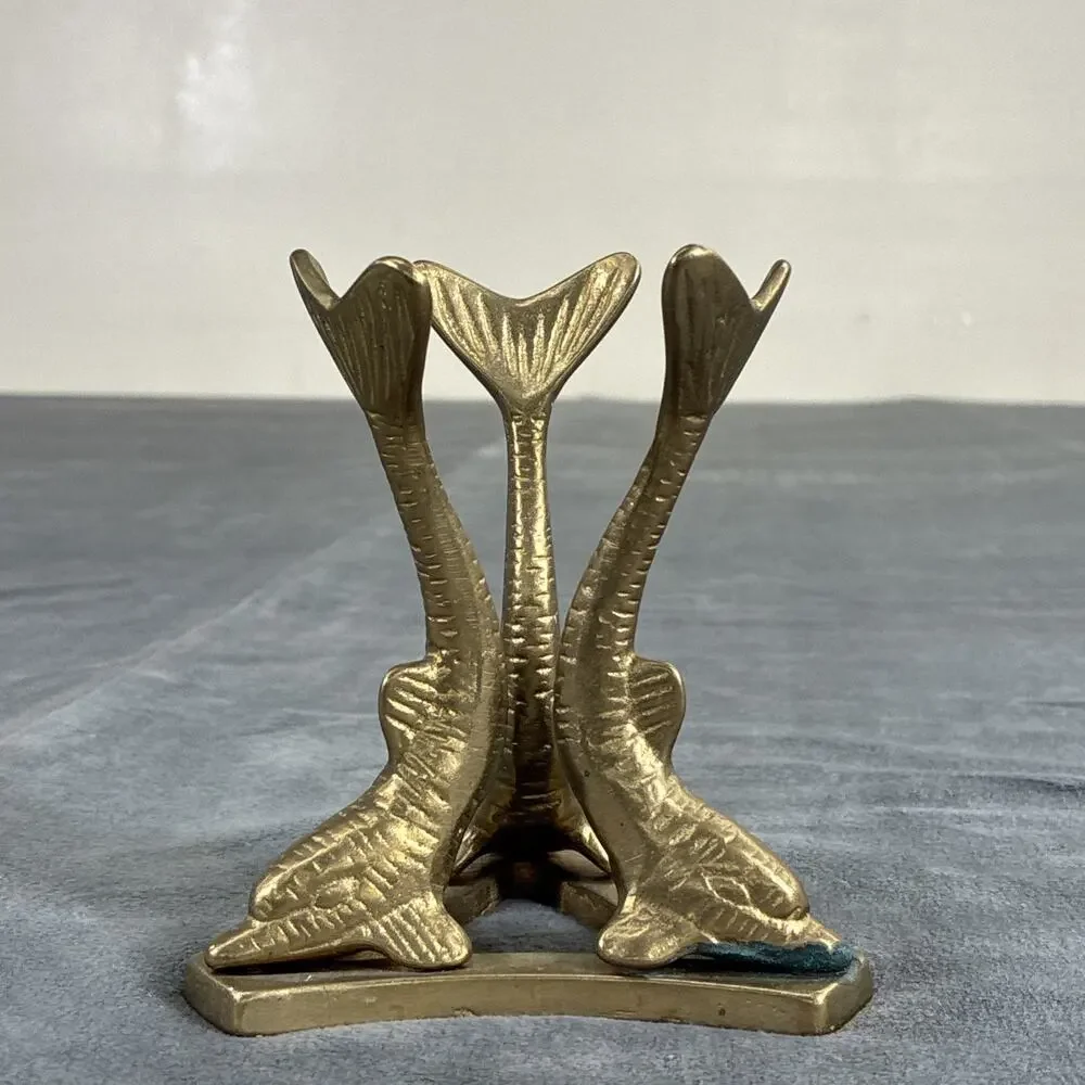 Vintage Solid Brass Three Dolphin Marble or Egg (not Included) Stand Charity